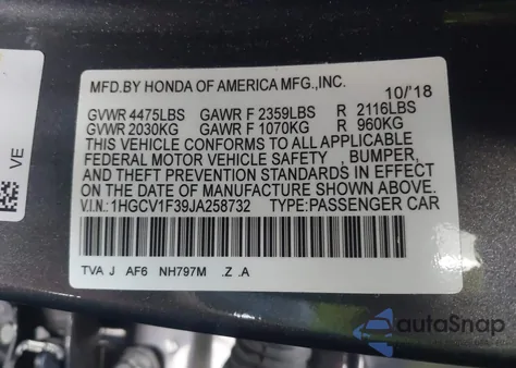 2018 Honda Accord Sport z USA, uszkodzony, nr VIN 1HGCV1F39JA258732